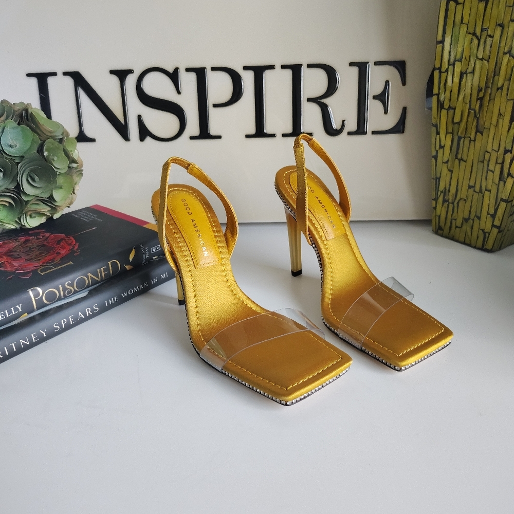 Good American Crystal Crush Lucite Sandal Size 7 | Yellow | NIB